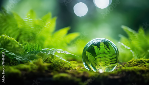 A drop of water and a fern in the reflection in the forest , safe nature day concept