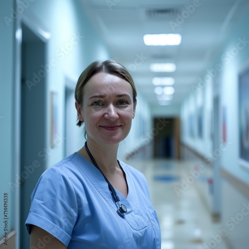 A Smiling Nurse standing in a Hallway - Medical Woman with Blue and Azure Clothes, Strong Composition Background created with Generative AI Technology