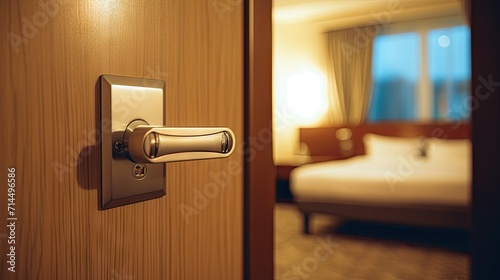 Close-up shot of door handle at hotel room with blurred bedroom on background 
