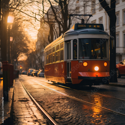 A street with a red and white trolley. Generative AI.