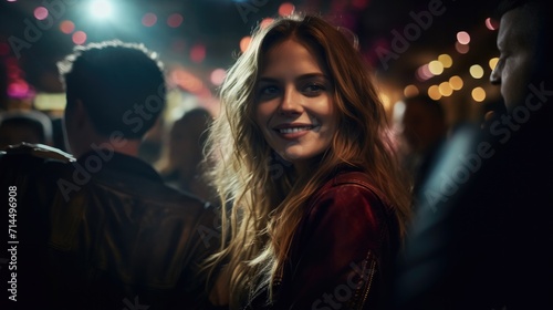 A woman smiling in front of a crowd at night. Generative AI.