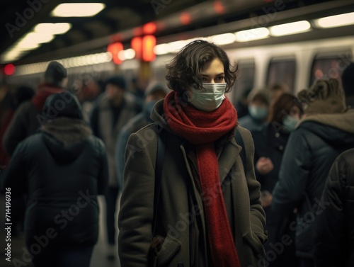 A man wearing a face mask in a subway station. Generative AI.