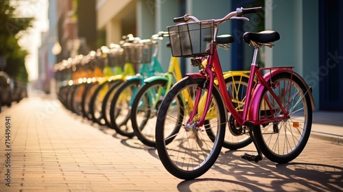 Colorful bicycles parked on the sidewalk. Generative AI.