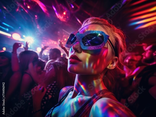 Woman in sunglasses at a nightclub. Generative AI.