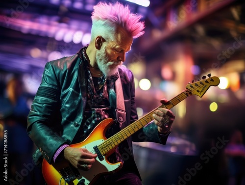 A man with white hair playing an electric guitar. Generative AI.