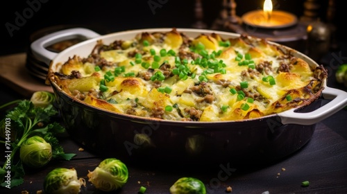 Potato and Brussels sprout casserole with minced meat, 16:9