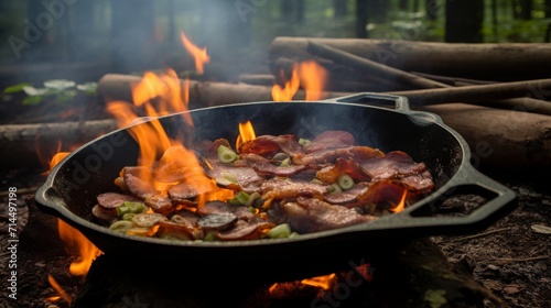 Camping breakfast with bacon and eggs in a cast iron skillet, 16:9