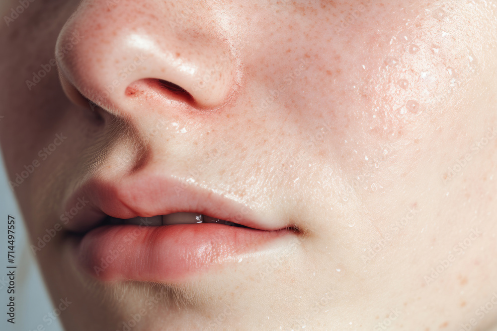 Fototapeta premium Detailed Close-up of Sweaty Skin with Freckles