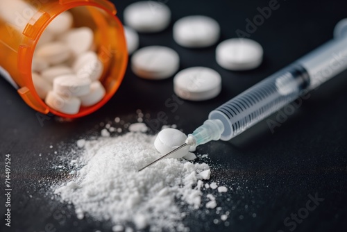 Prescription drugs narcotics and a syringe over a black counter  photo
