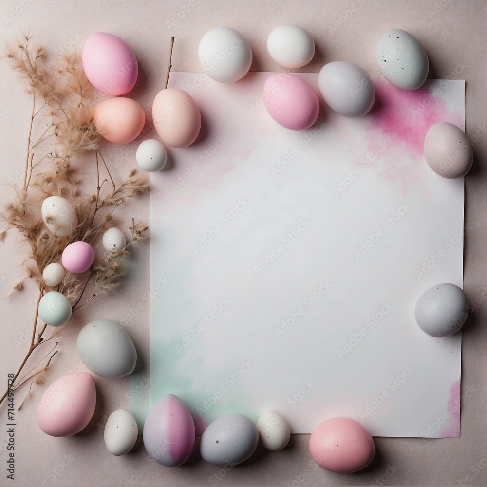 Illustration, postcard, frame, banner: watercolor still life of a Easter eggs with copy space for text.