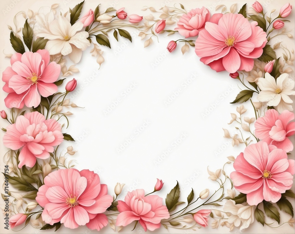 Soft Pink Floral Frame, Vintage Botanical, Romantic Concept - Perfect for Wedding Stationery, Mother's Day Cards with Copy Space