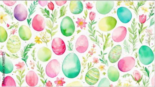Watercolor Easter Eggs and Flowers, Holiday Pattern Design, Ideal for Greeting Cards, Festive Wallpapers, Gift Wrap