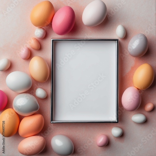 Illustration, postcard, frame, banner: watercolor still life of a Easter eggs with copy space for text.