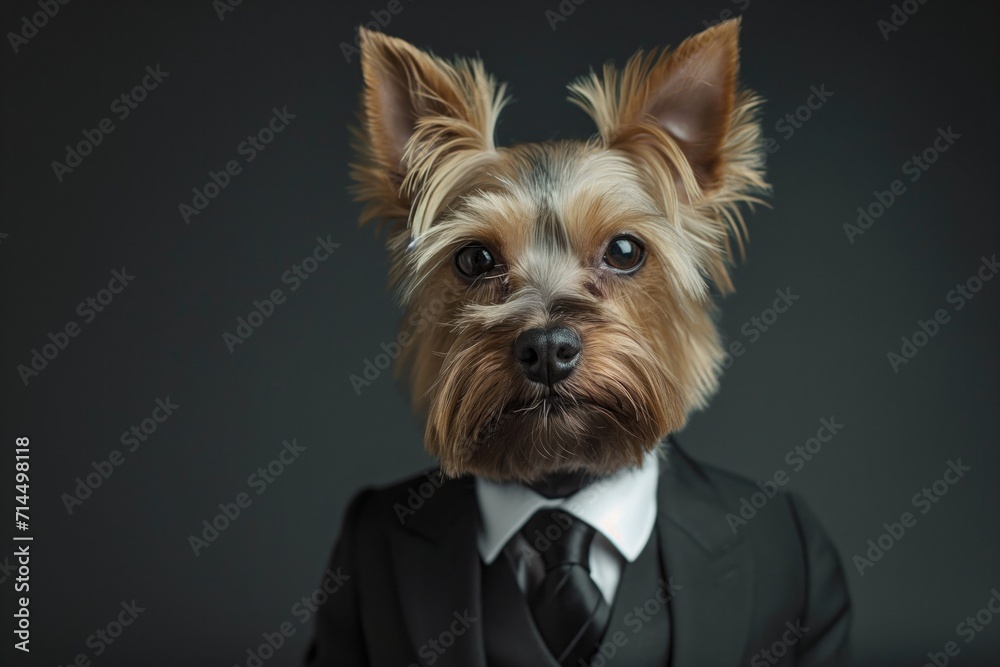 Portrait of a Yorkshire Terrier dog dressed in a formal  suit