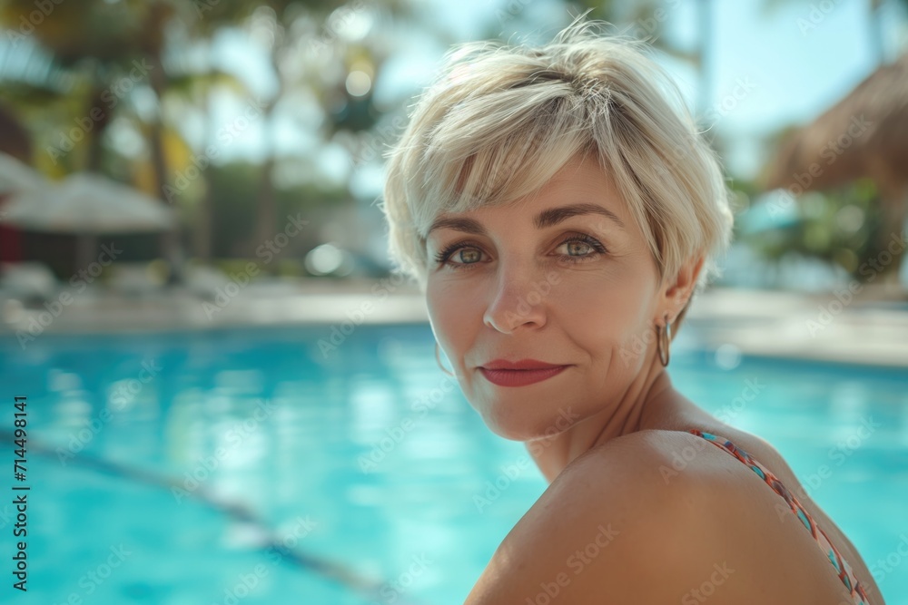 Attractive short haired blond mature woman posing in swimsuit looking at the camera at a resort swimming pool area.