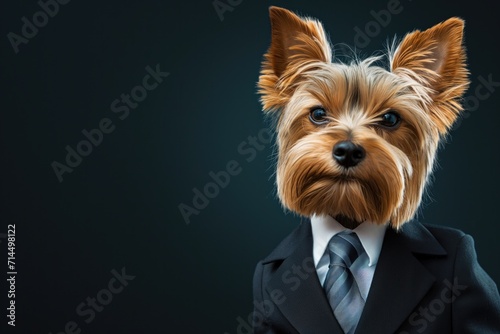 Portrait of a Yorkshire Terrier dog dressed in a formal suit