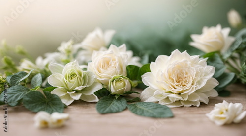 Flowers background banner. Beautiful white green flowers on pastel blured green background. Copy space. wallpaper