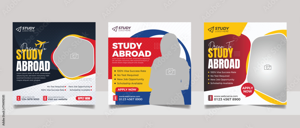 Study abroad social media post design, educational web banner admission square flyer template
