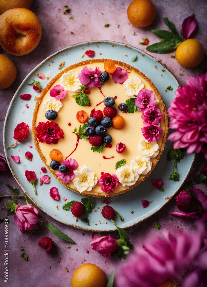 テーブルの上の皿にあるケーキ、いちご、ベリー|Cake, strawberries and berries on a plate on the table. Generative AI テーブルの上の皿にあるケーキ、いちご、ベリー|Cake, strawberries and berries on a plate on the table. Generative AI