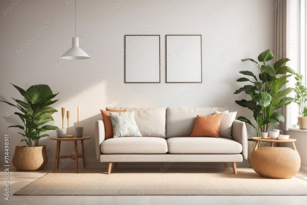 Scandinavian Interior home design of modern living room with beige sofa and houseplant with poster frame on white wall