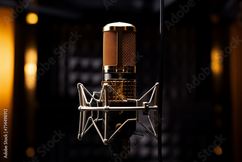 studio condenser microphone, isolated on black, Studio microphone and pop shield on mic in the empty recording studio with copy space, Ganerative AI