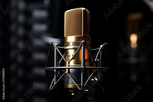 studio condenser microphone, isolated on black, Studio microphone and pop shield on mic in the empty recording studio with copy space, Ganerative AI