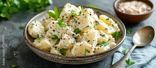 Rustic-style potato salad with mustard seeds and white filling.