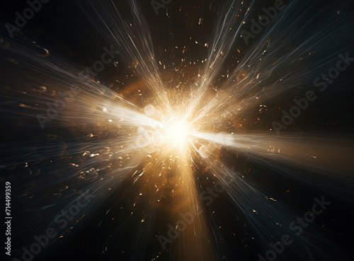 Sun flare with yellow rays and beams on dark background