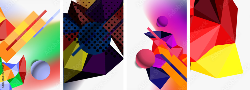 Set of geometric abstract composition with spheres and triangles. Vector illustration For Wallpaper, Banner, Background, Card, Book Illustration, landing page Set of geometric abstract composition with spheres and triangles. Vector illustration For Wallpaper, Banner, Background, Card, Book Illustration, landing page