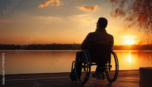 Man in wheelchair by river at sunset