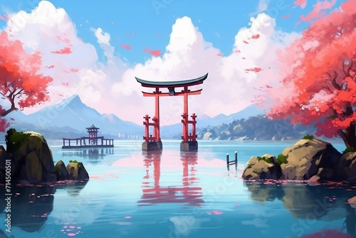 Torii gate, bridge, lake, pink flowers, clear sky, speedpainting style, mountainous vistas, cartoonish design. Generative AI photo