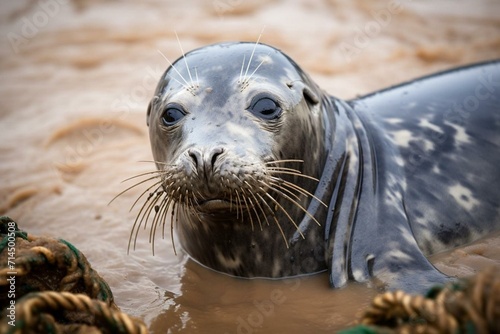 seal trapped in polluted seaside waste. Generative AI