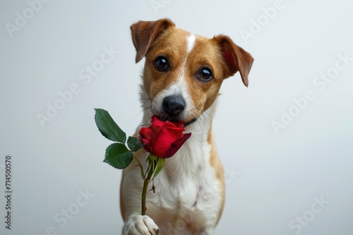 Cute, charming dog holds a bright red rose in its mouth against a plain white background.