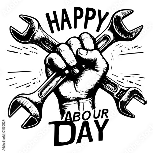 hand holding spanner wrench, Happy Labour Day Continuous one line draw design vector graphic illustration with black outline drawing Labor Day icon concept sketch of of the workers hand with spanner d