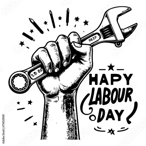 hand holding spanner wrench, Happy Labour Day Continuous one line draw design vector graphic illustration with black outline drawing Labor Day icon concept sketch of of the workers hand with spanner d