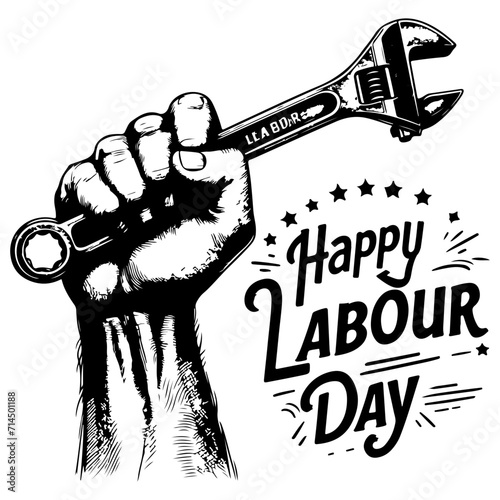 hand holding spanner wrench, Happy Labour Day Continuous one line draw design vector graphic illustration with black outline drawing Labor Day icon concept sketch of of the workers hand with spanner d