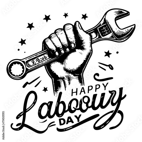hand holding spanner wrench, Happy Labour Day Continuous one line draw design vector graphic illustration with black outline drawing Labor Day icon concept sketch of of the workers hand with spanner d