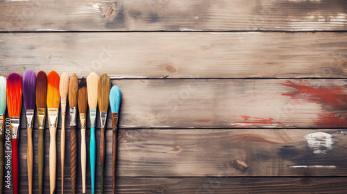 A collection of colorful paint brushes laid out on a rustic wooden background, symbolizing creativity and artistic tools. photo