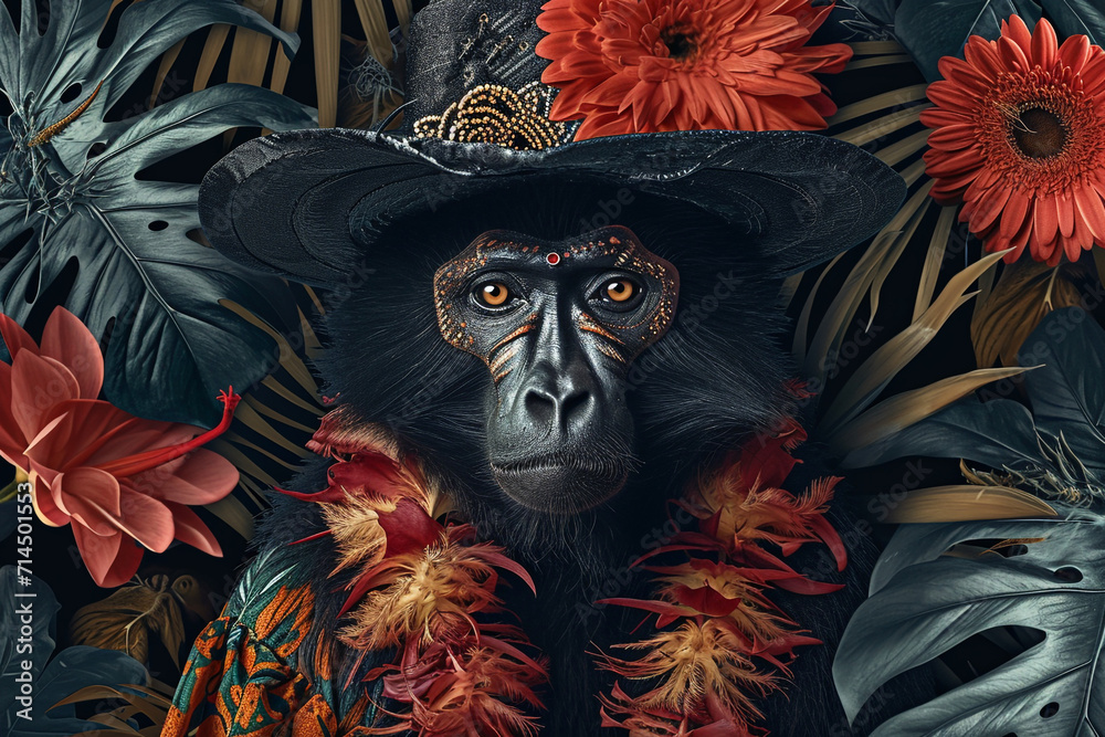 Wild and exotic creatures with jungle-inspired patterns, feathers and tropical accessories