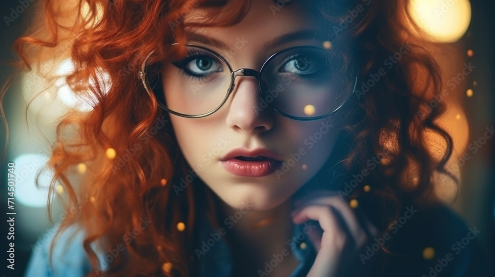 An intimate close-up of a young woman with vibrant red hair and round glasses, her gaze piercing and thoughtful. An intimate close-up of a young woman with vibrant red hair and round glasses, her gaze piercing and thoughtful.