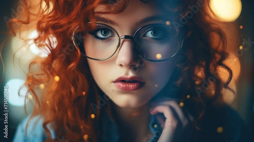 An intimate close-up of a young woman with vibrant red hair and round glasses, her gaze piercing and thoughtful.