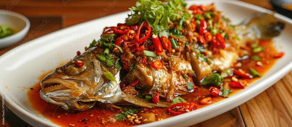 Hunan-style fish head with spicy peppers - chopped. Hunan-style fish head with spicy peppers - chopped.