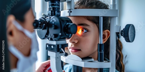 Close up of an ophthalmologist checks the eyesight of a preschooler, annual examination photo