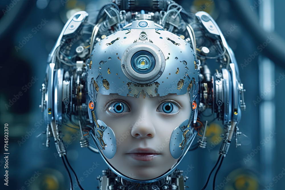 Cyborg or digitally improved boy. Artificial intelligence and technology concept with advanced human Cyborg or digitally improved boy. Artificial intelligence and technology concept with advanced human