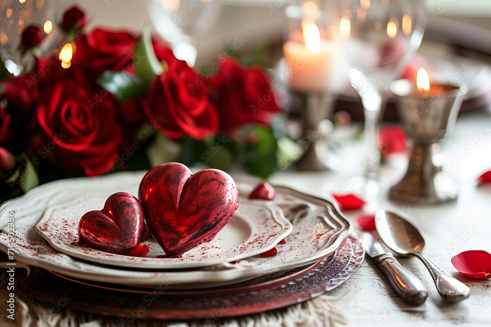 Valentine's day romantic restaurant dinner setting with red rose