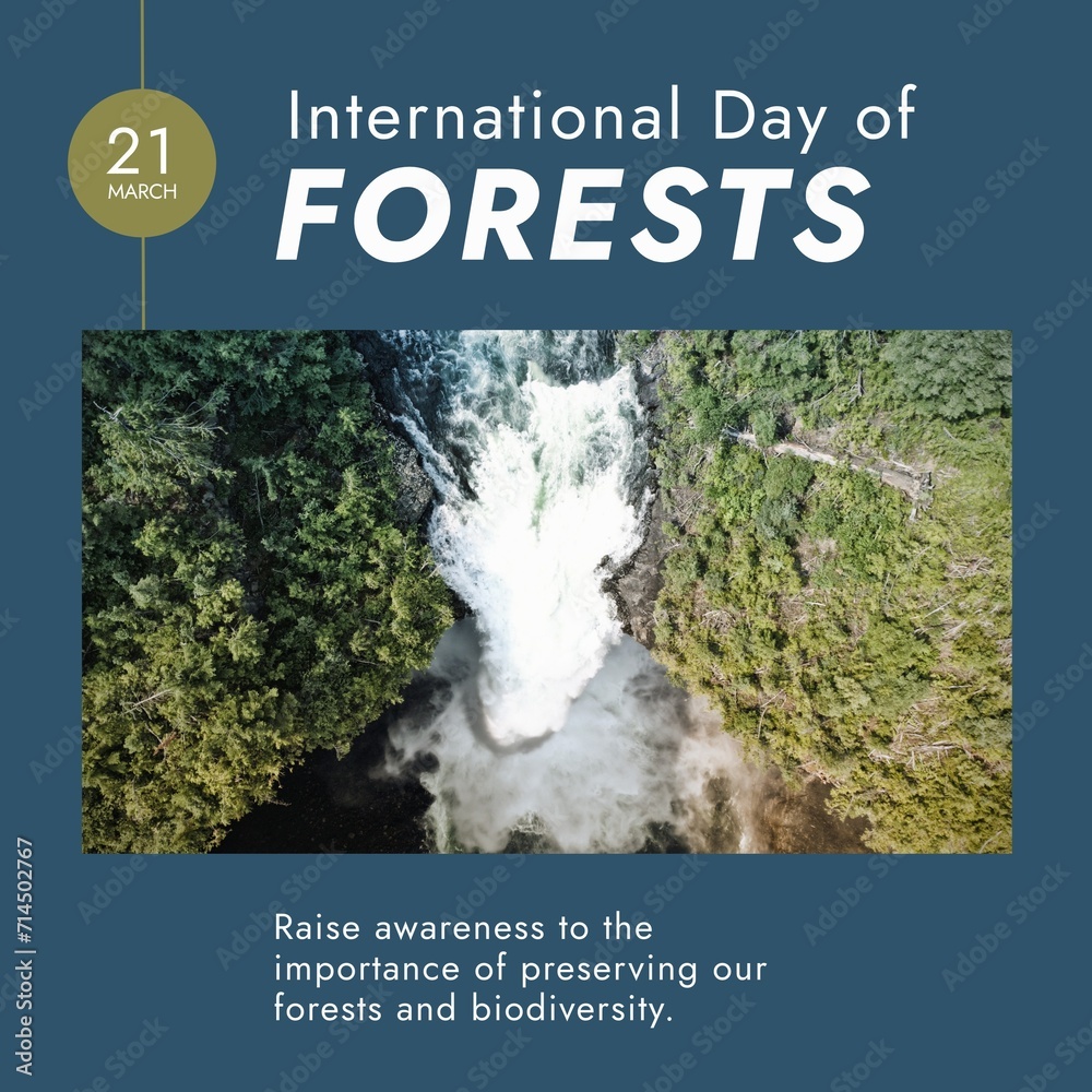 Naklejka premium Composition of international day of forests text over forest on blue background
