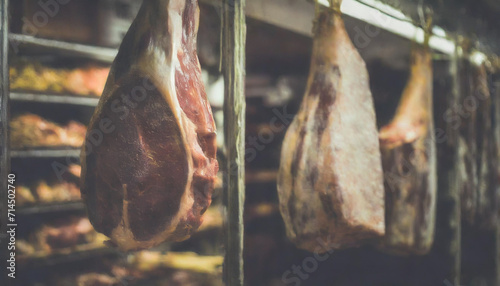 The usual chunks of meat hanging, fridge, butcher store, close up photo