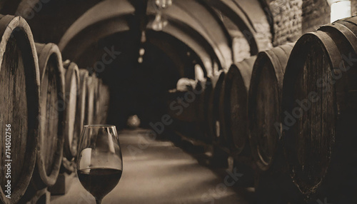 Wine workshop, lined barrels, glasses, red wine, sepia photo, close-up