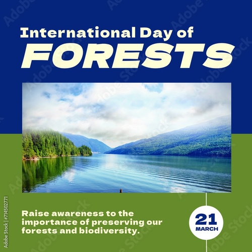 Composition of international day of forests text over sky with clouds on blue background