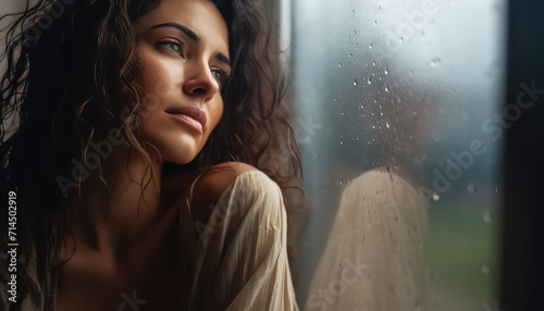 Sad woman sitting by window with rain, March 8 World Women's Day
